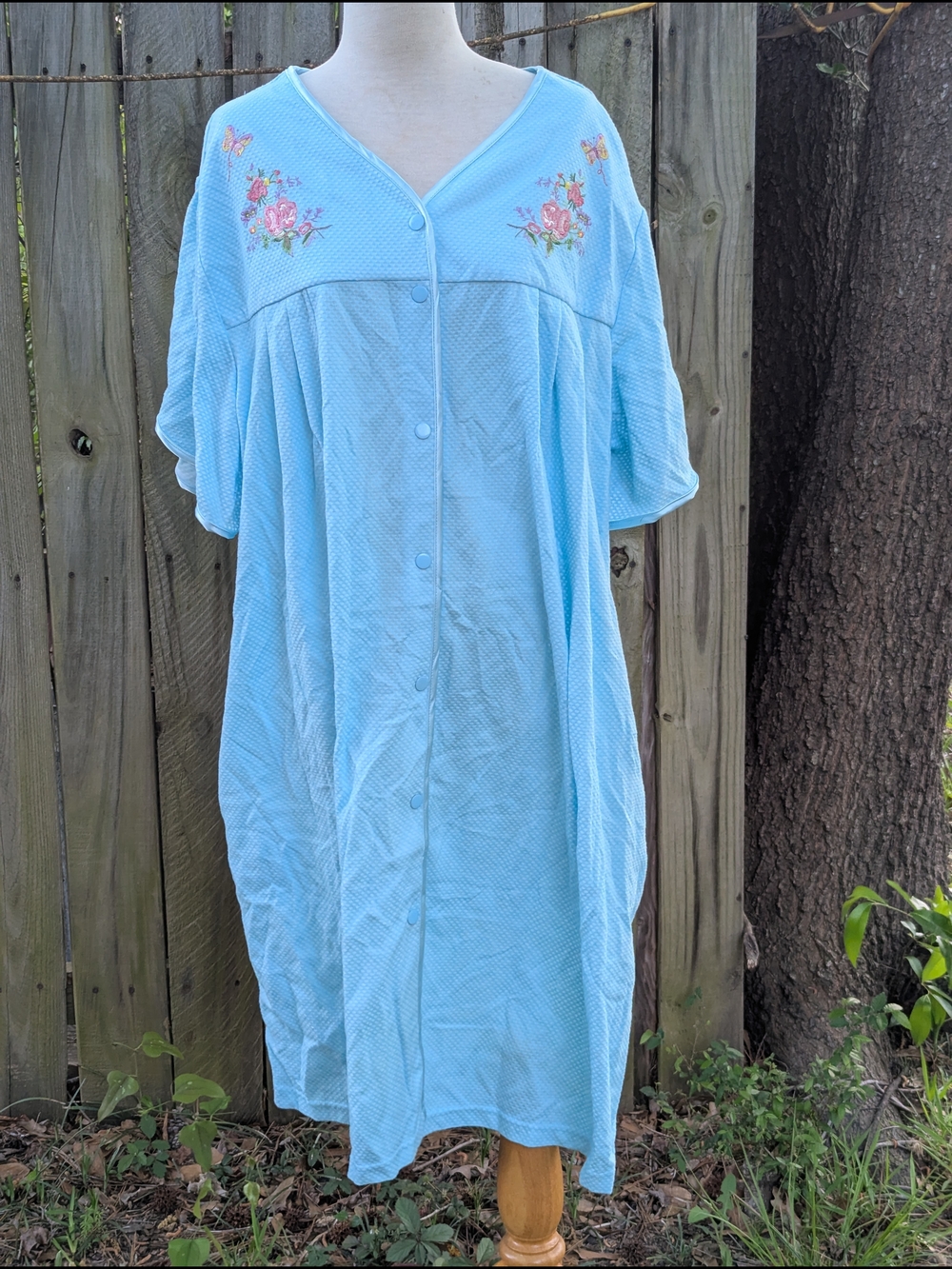 Light Blue Embroidered Button-Front Nightgown